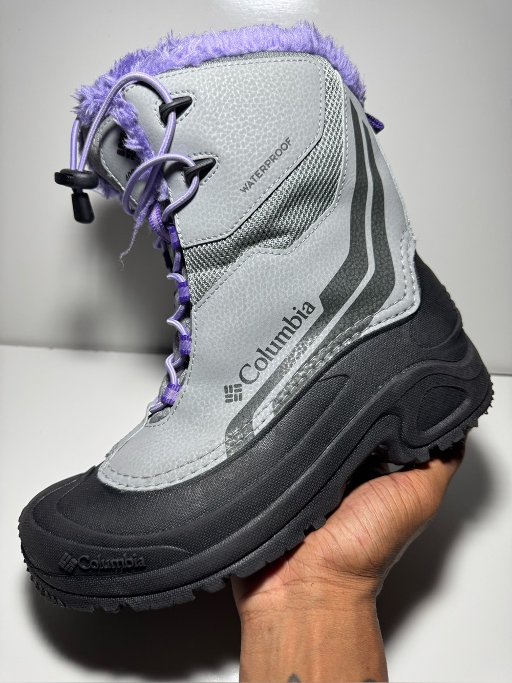 Columbia Bugaboot Gray Purple Snow Boots Size 6 Faux Fur Waterproof Omni-Heat